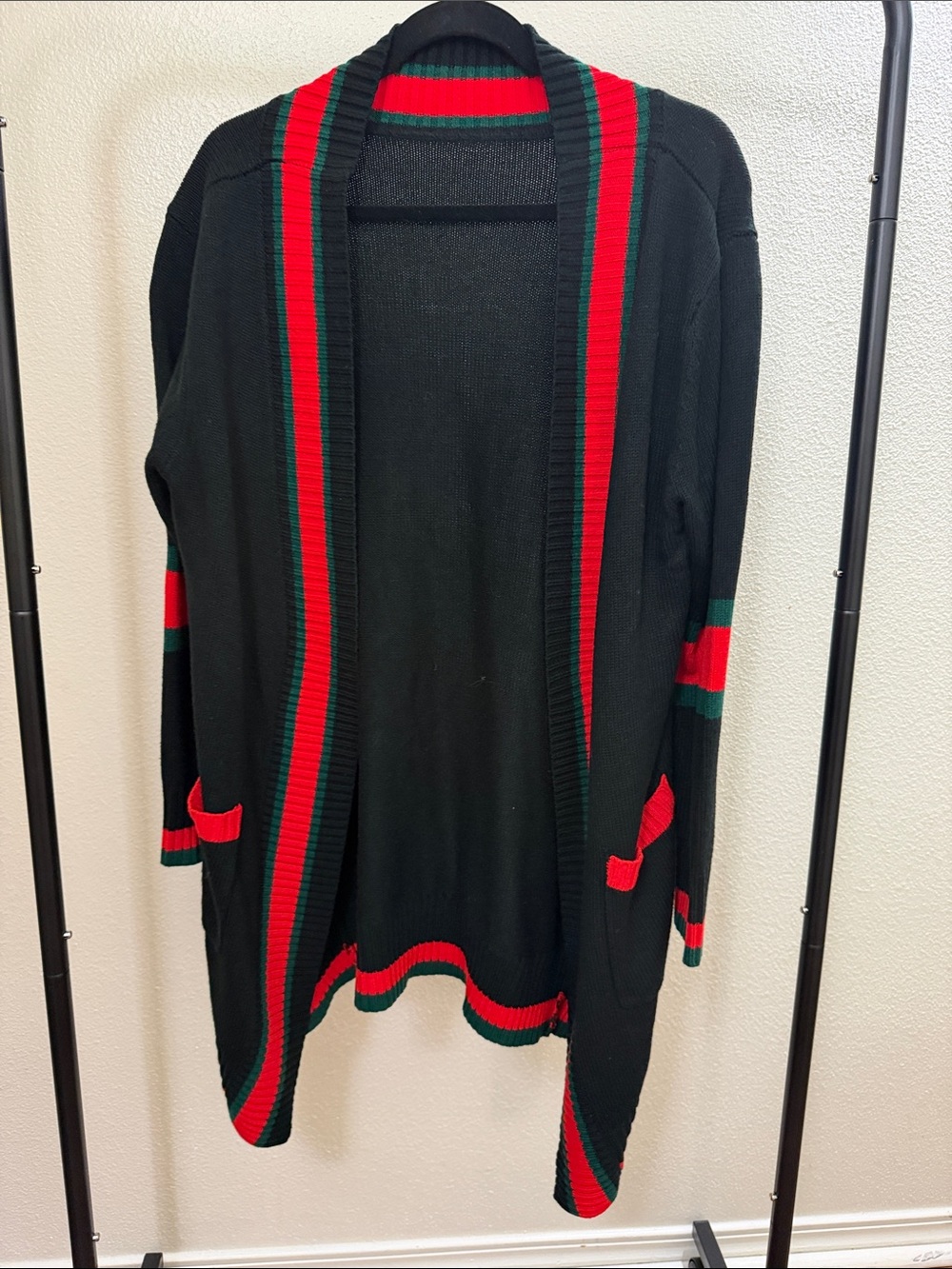 Black Open-Front Cardigan Sweater with Red & Green Trim